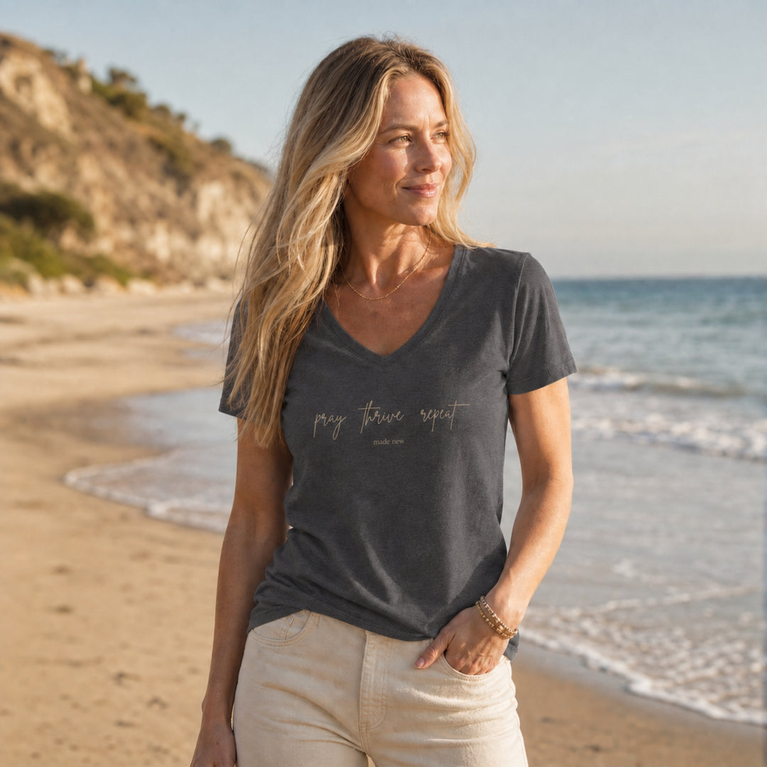 Womens Pray thrive repeat Perfect Tri V Neck Tee