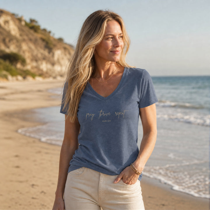 Womens Pray thrive repeat Perfect Tri V Neck Tee